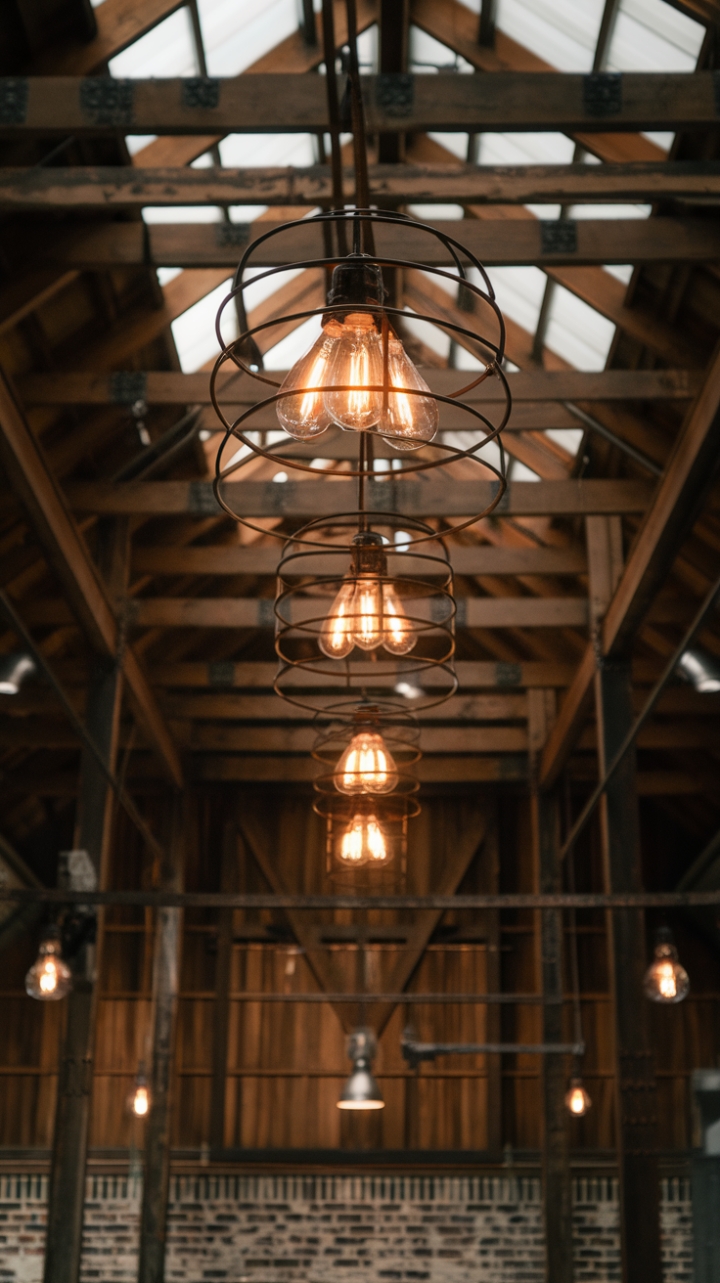 Rustic Charm: Farmhouse Cage Lights Illuminate a Warm Industrial Space