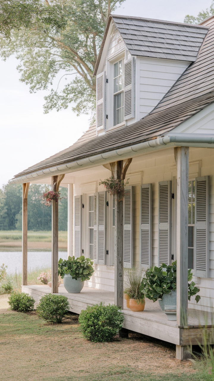 Tranquil Coastal Farmhouse with White Siding and Lush Porch Accents