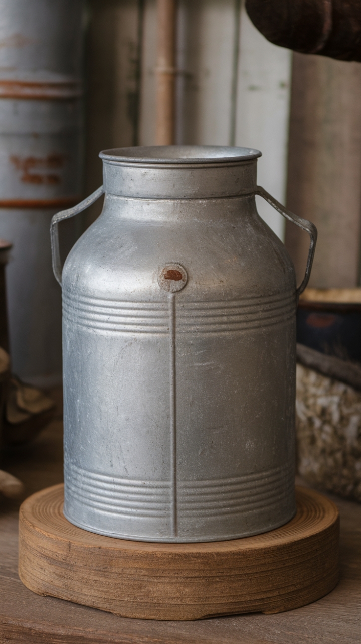 Rustic Charm: Milk Can-Shaped Stoneware Vase on Wooden Stand