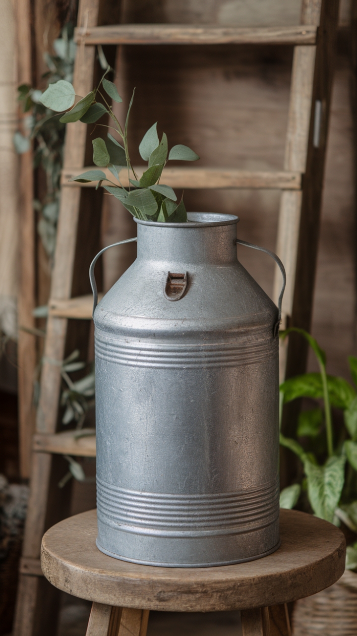 Vintage Charm: Galvanized Milk Can Vase with Rustic Wooden Stool