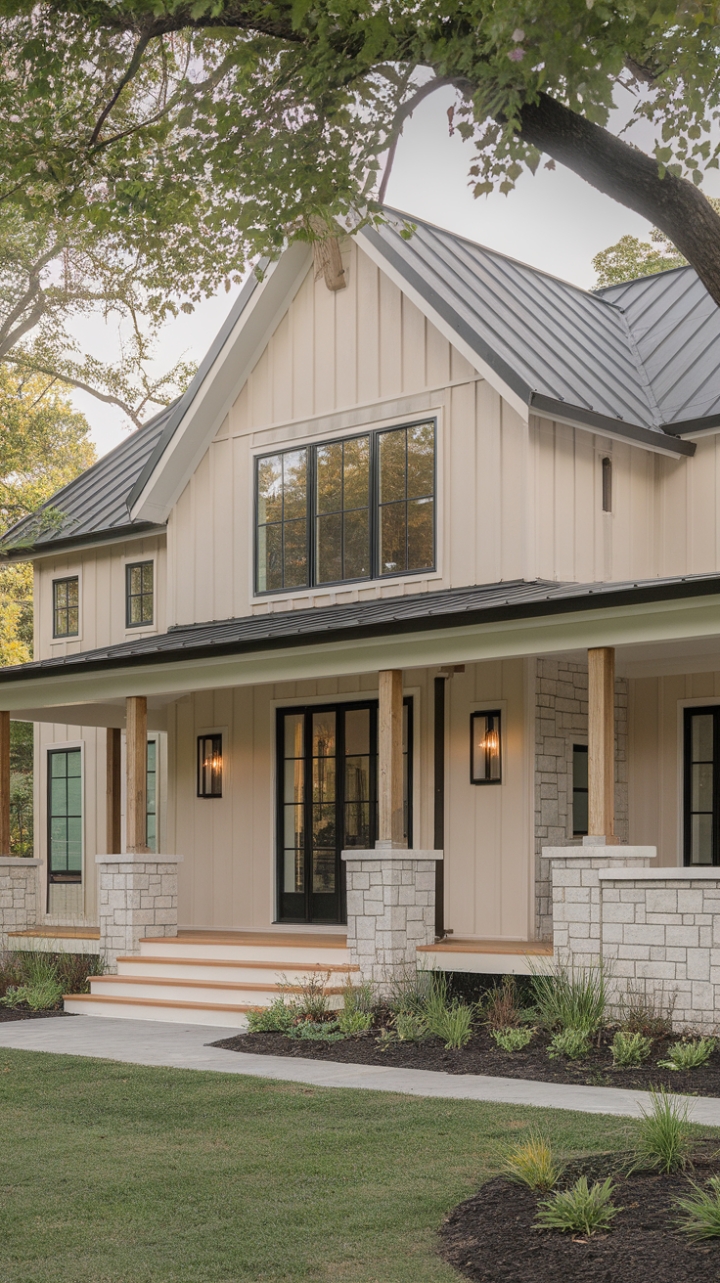 Charming Modern Farmhouse with Elegant Stone and Wood Accents