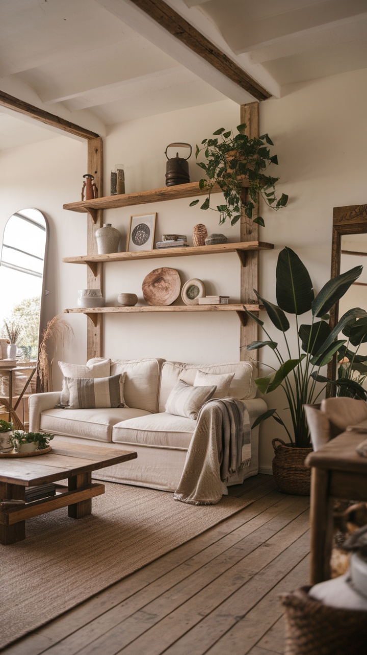 Cozy Neutral Farmhouse Living Space with Wooden Accents