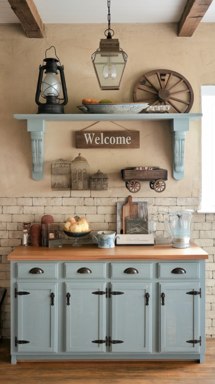 Inviting Farmhouse Kitchen Featuring Exposed Brick and Cozy Details