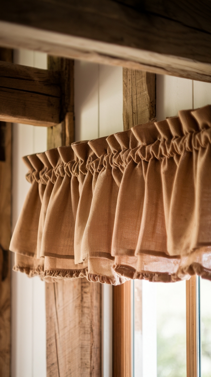 Rustic Charm: Burlap Valance Enhances Farmhouse Kitchen