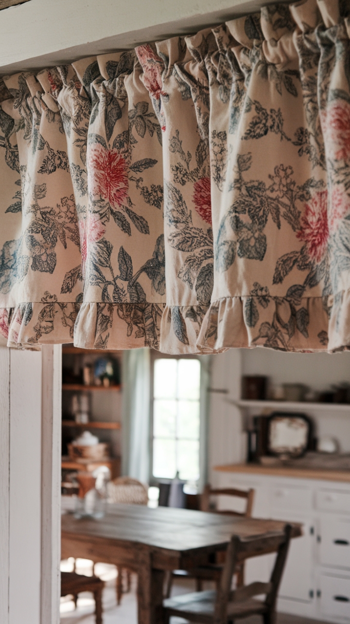 Charming Farmhouse Linen Valance with Floral Ruffle Detail