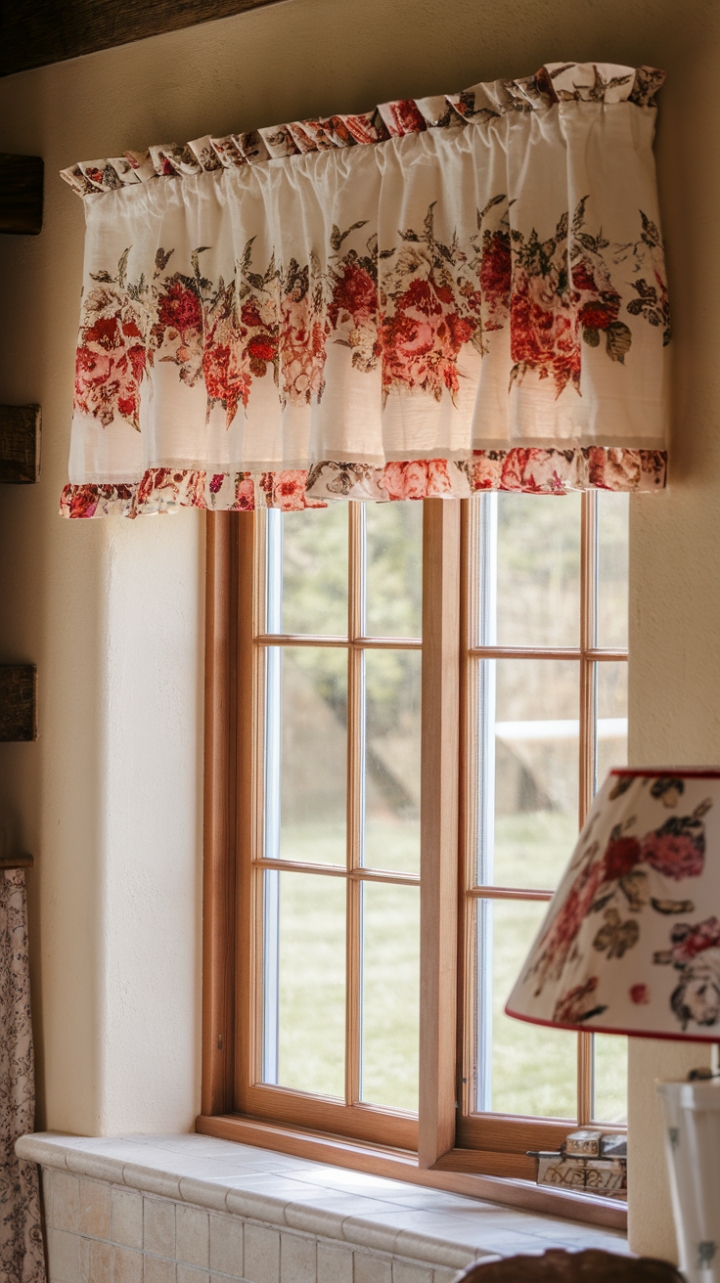 Charming Ruffled Floral Curtain Completes Rustic Space