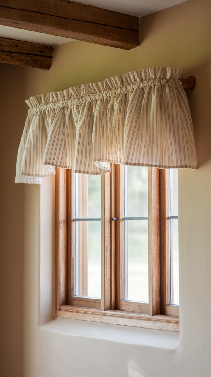 Rustic Elegance: Soft Ruffled Valance Complements Wooden Windows and Beams