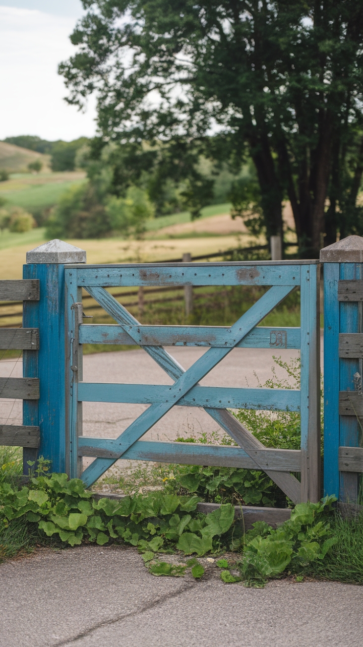 Weathered Blue Gate Frames Lush Rural Beauty