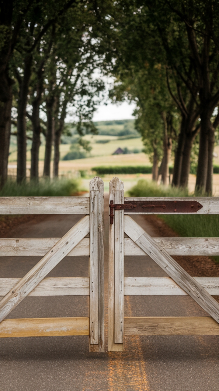 Gateway to Serenity: Weathered White Gate and Scenic Landscape