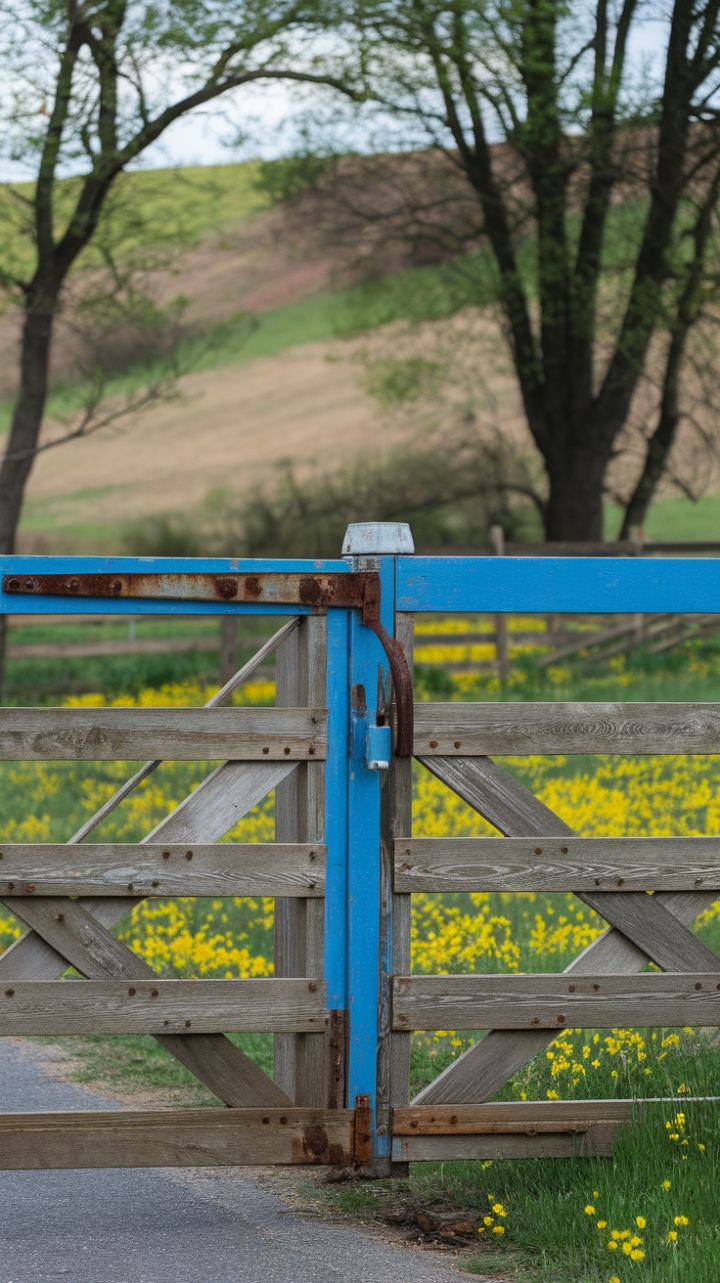 Timeless Charm of a Blue Gate Amid Wildflowers