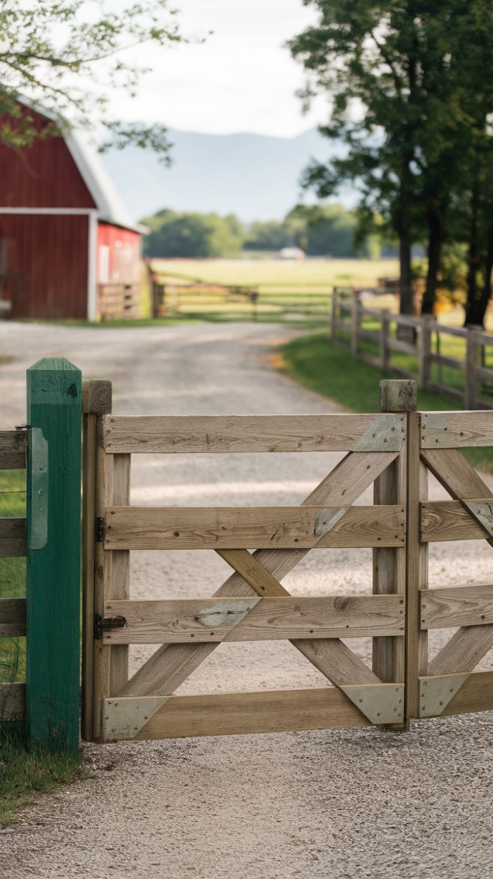 Charming Country Entrance with White Gate and Red Barn