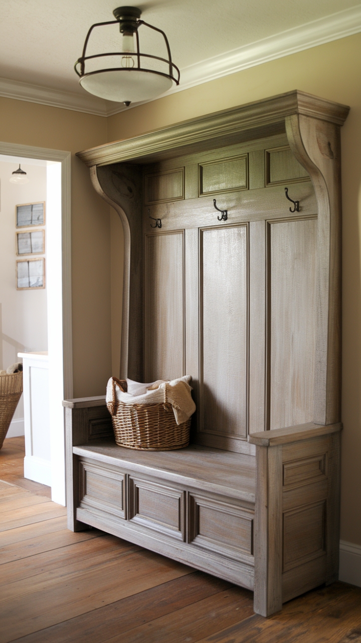 Inviting Rustic Entryway Featuring a Distressed Bench and Organized Hooks