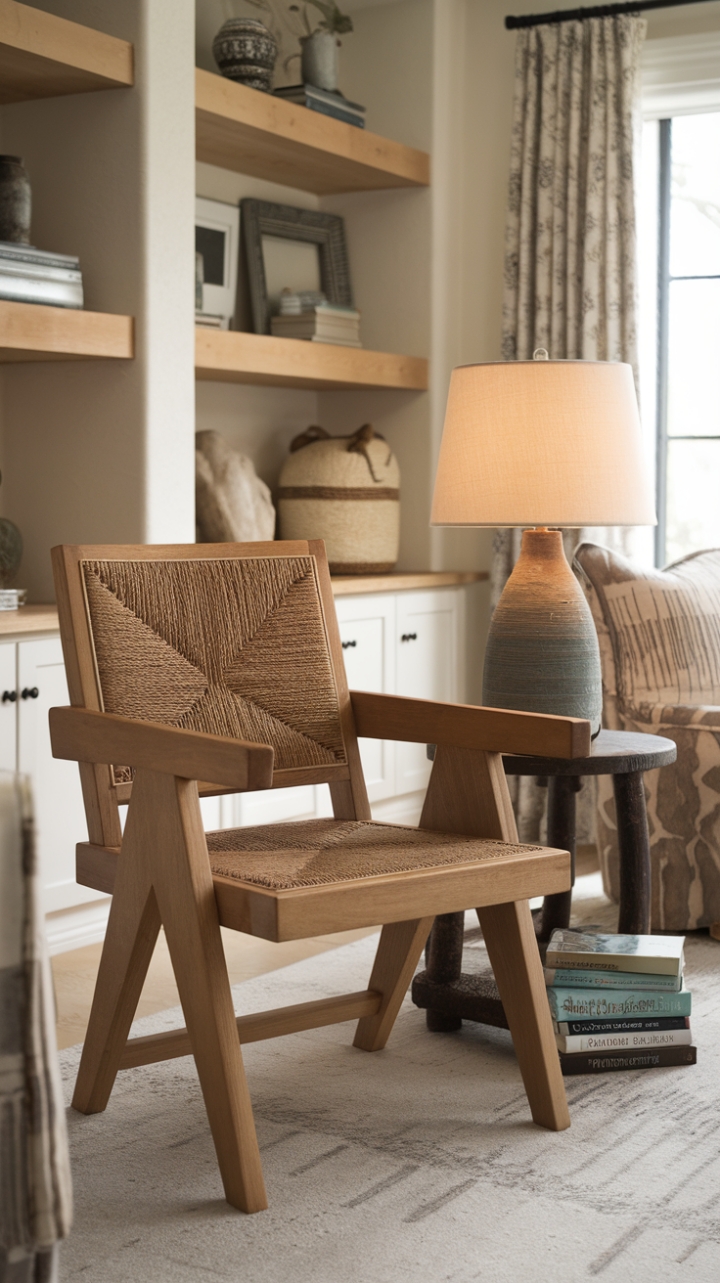A Wooden Chair with Woven Seat Perfectly Blends Rustic and Contemporary Style