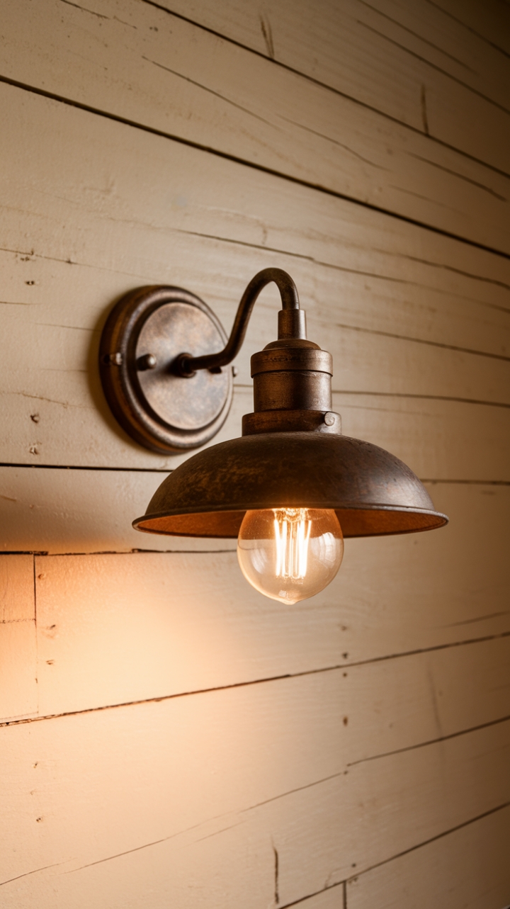 Vintage Metal Sconce Enhances Rustic Wooden Wall