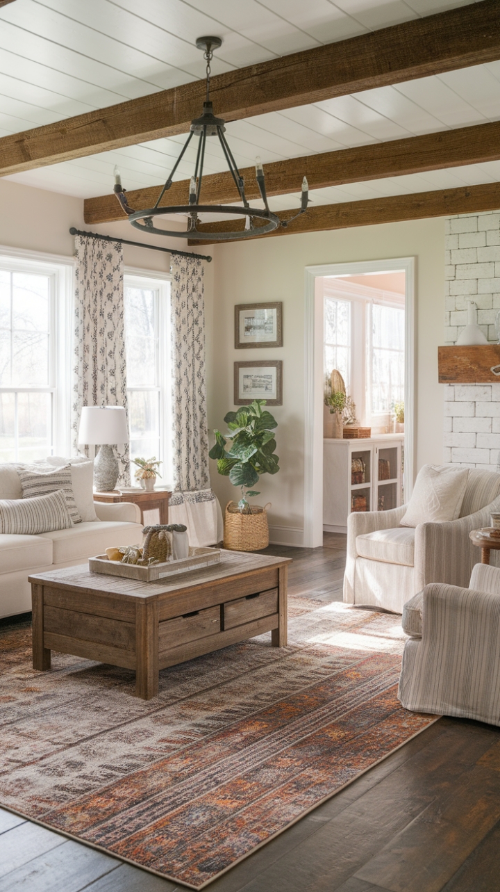 Inviting Farmhouse-Style Living Room with Soft Rug Accent