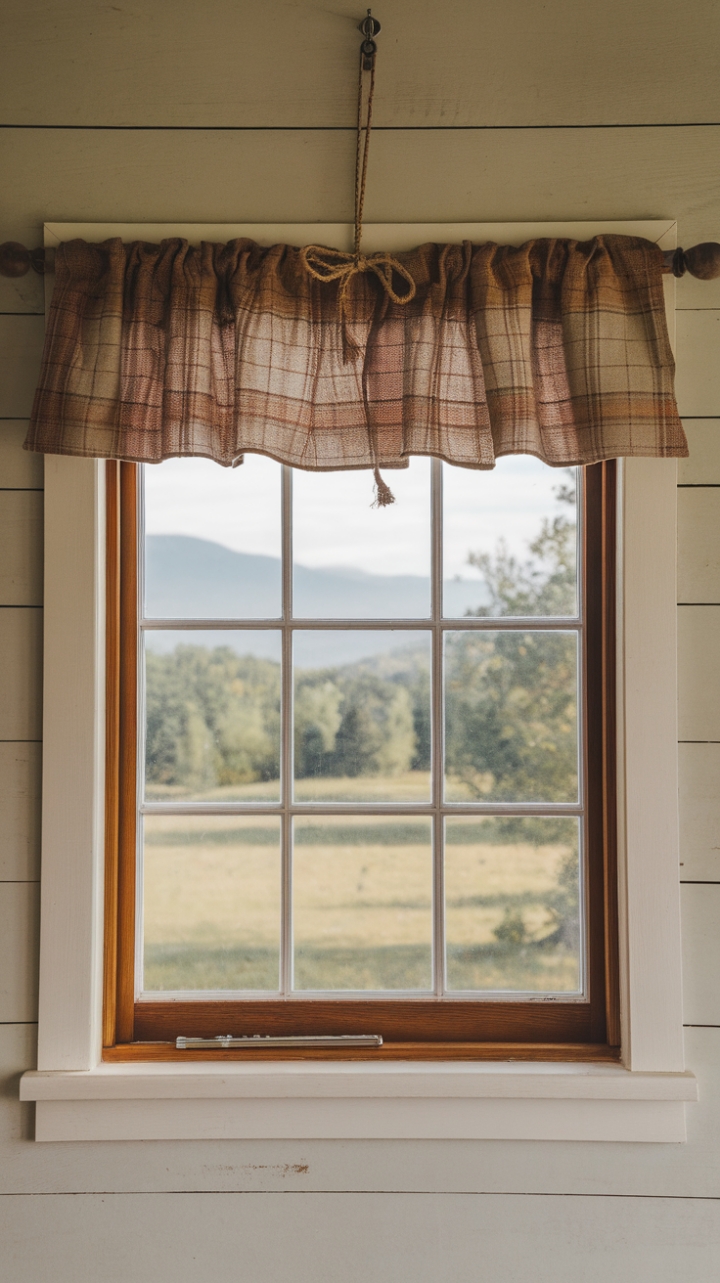 Farmhouse Elegance: A Burlap and Plaid Window Treatment with Rustic Rope Tie