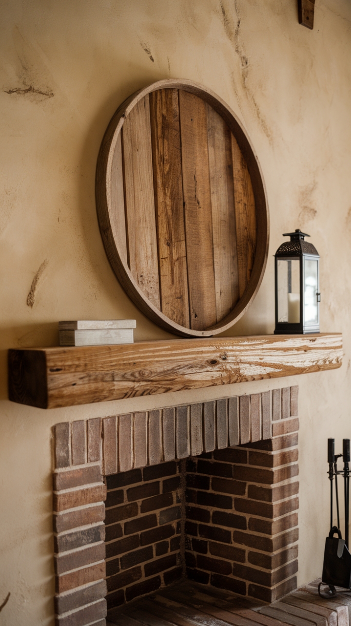 Charming Barn Wood Mantel Enhances Cozy Fireplace
