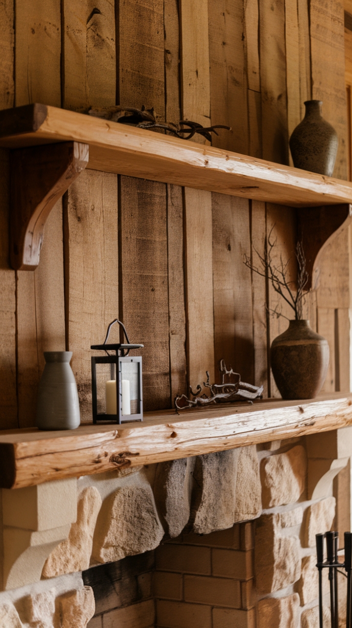 Rustic Reclaimed Wood Mantel Enhances Farmhouse Fireplace