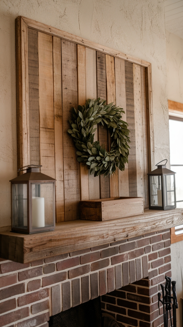 Rustic Charm: Reclaimed Wood Mantel and Brick Fireplace
