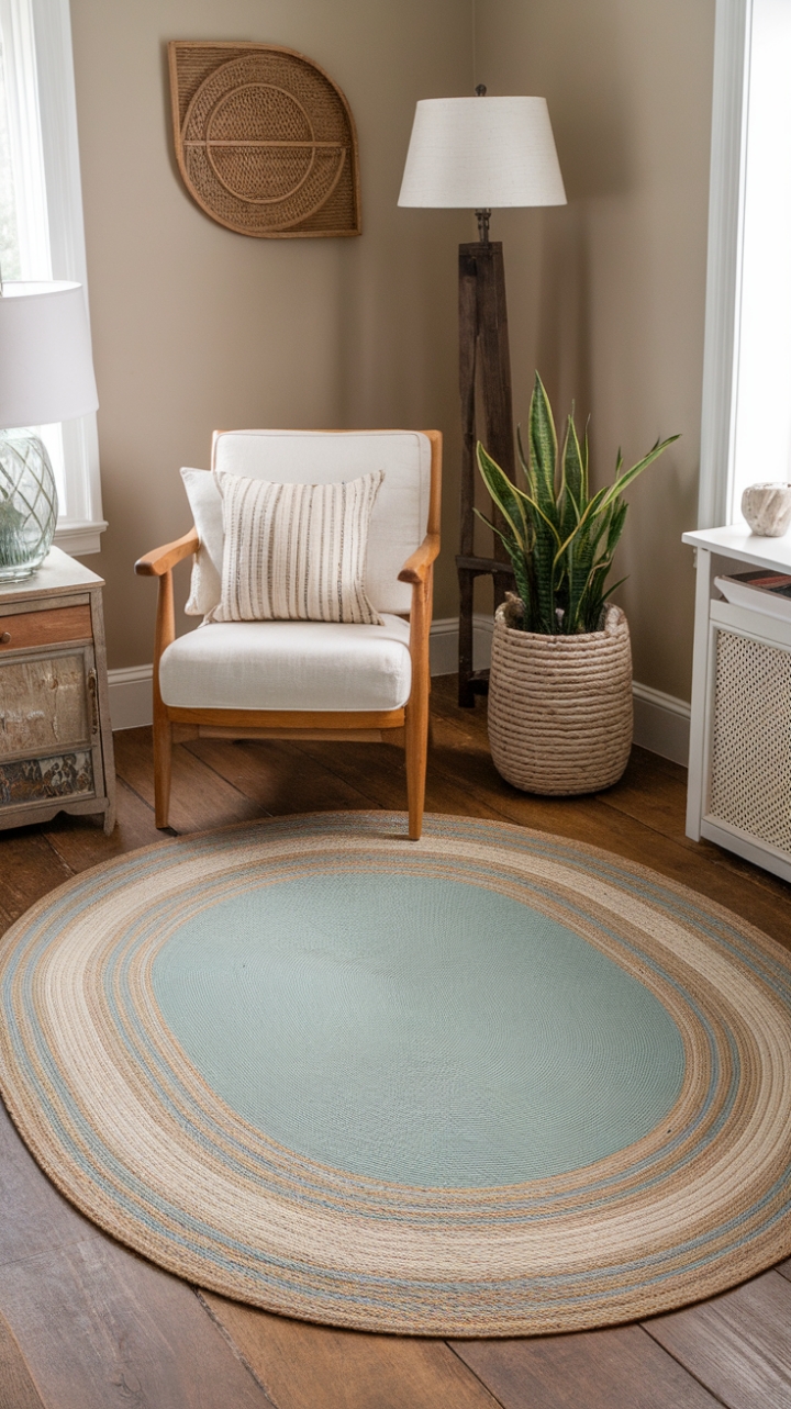 Rustic Elegance: Blue and Beige Braided Rug Complements Farmhouse Style