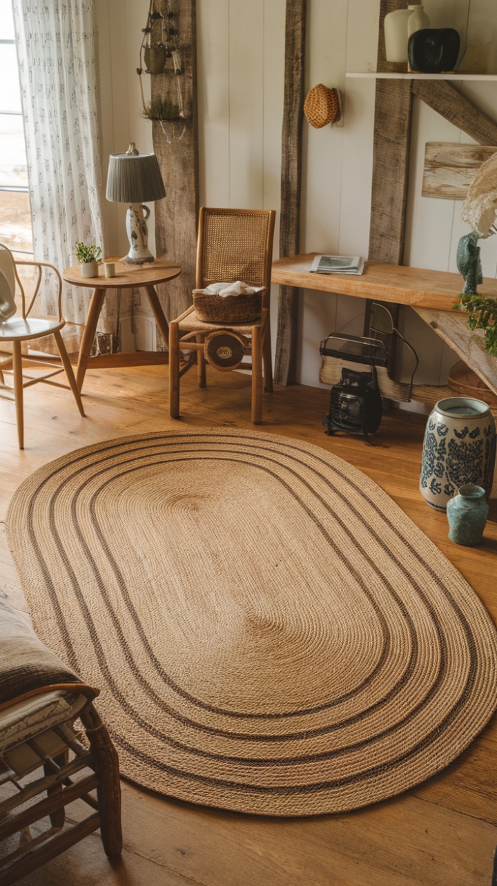 Rustic Elegance: Natural Fiber Rug Complements Wooden Floors