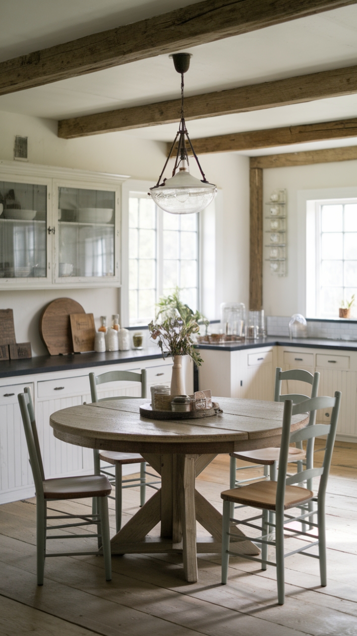 Rustic Elegance: Round Dining Table Enhances Modern Farmhouse Kitchen