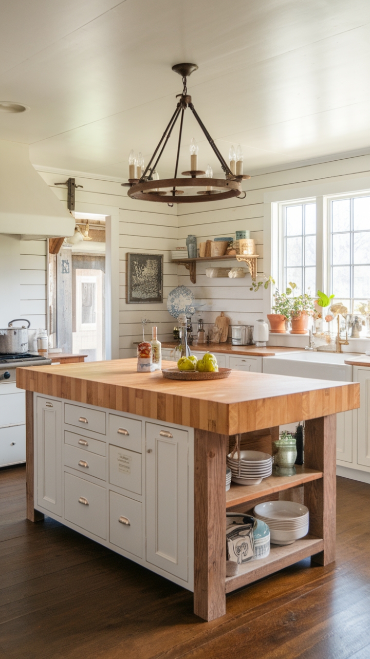 Nature-Inspired Elegance: A Rustic Kitchen with a Wooden Island and Lush Greenery
