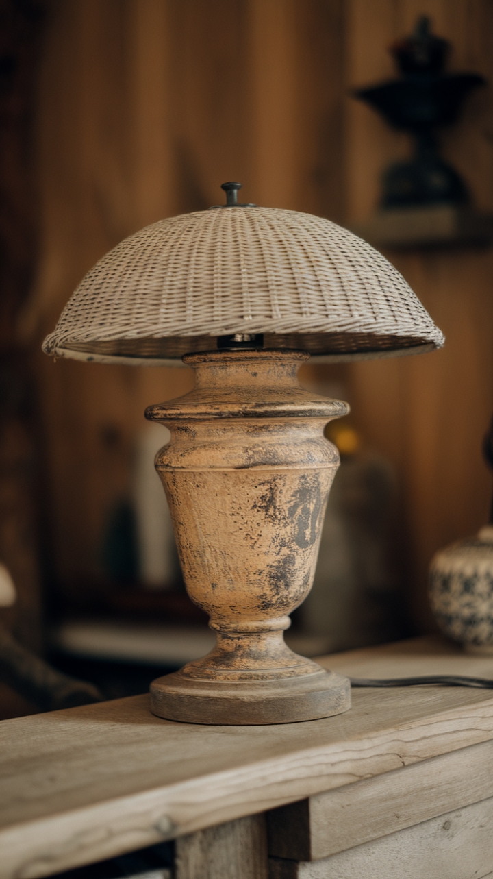 Rustic Charm: Vintage-Inspired Table Lamp with Woven Shade