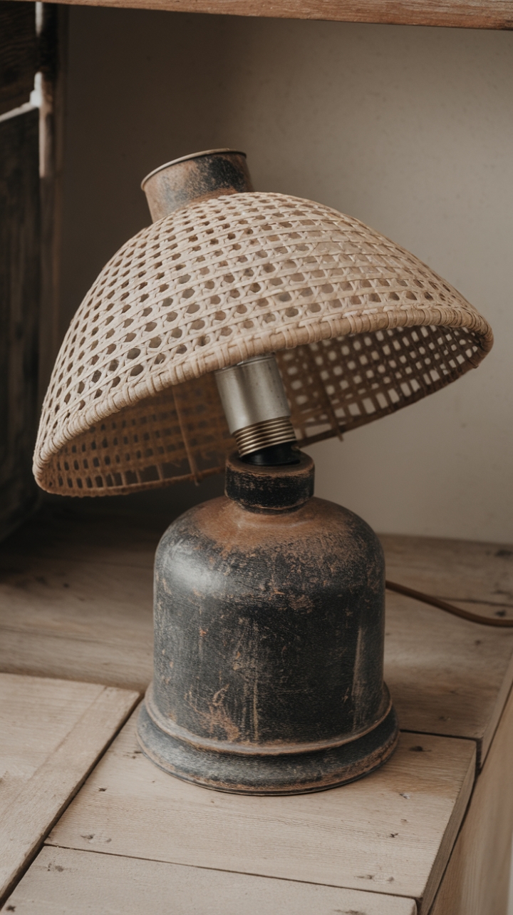 Vintage Charm: Rustic Lamp with Woven Shade