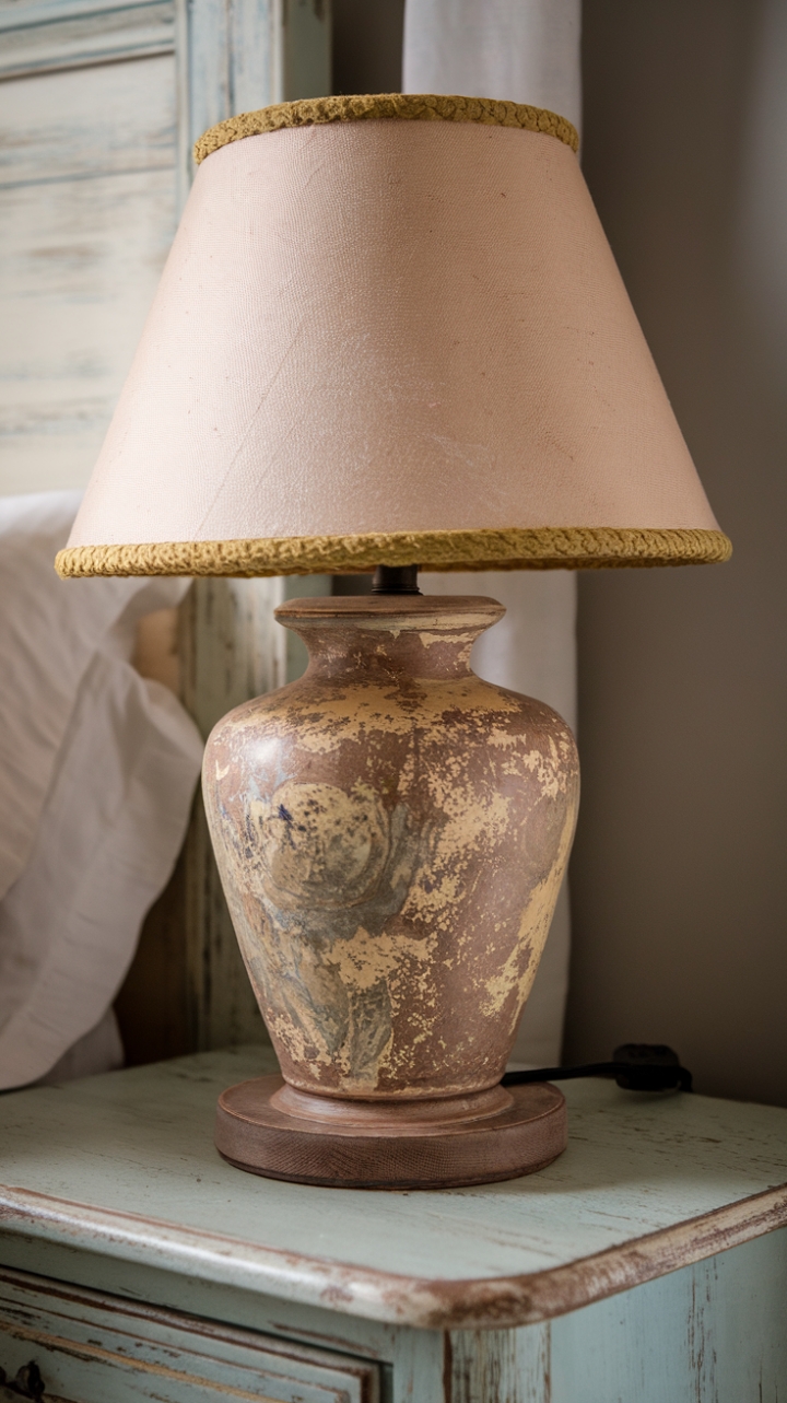 Rustic Elegance: Distressed Wood and Classic Fabric Shade for Your Bedroom