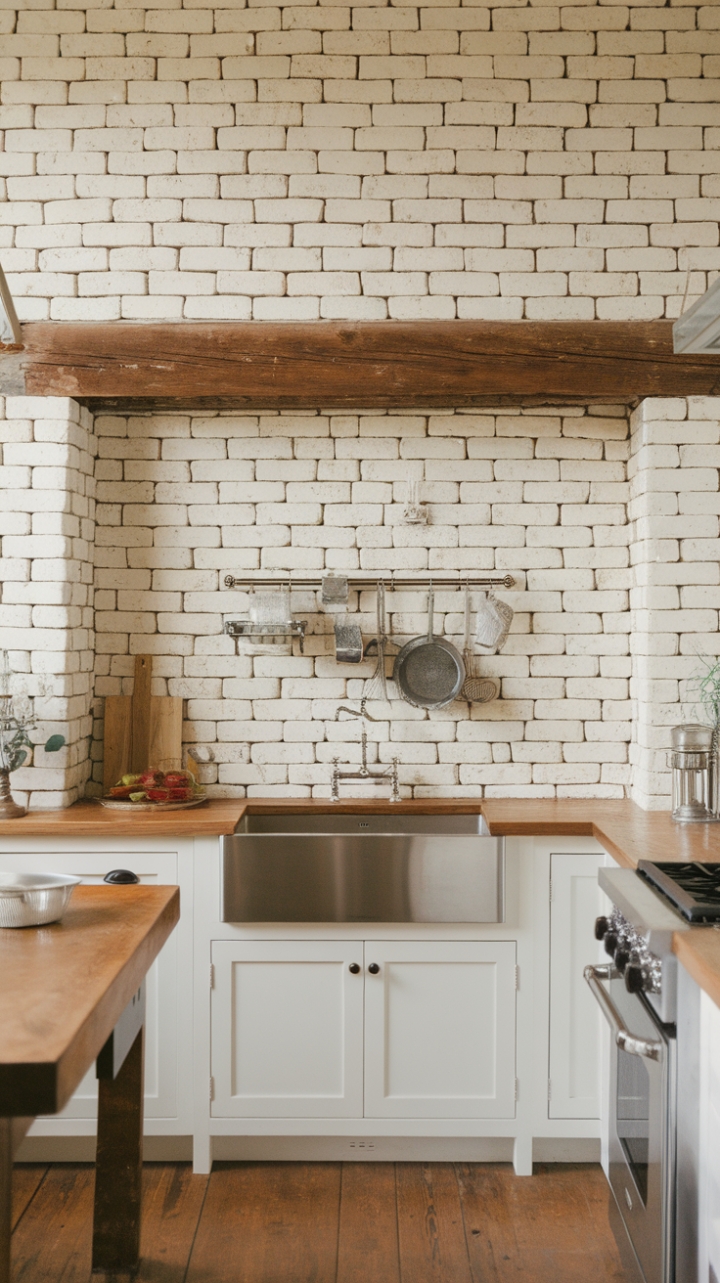 Rustic Elegance: Modern Farmhouse Kitchen with White Brick Backsplash