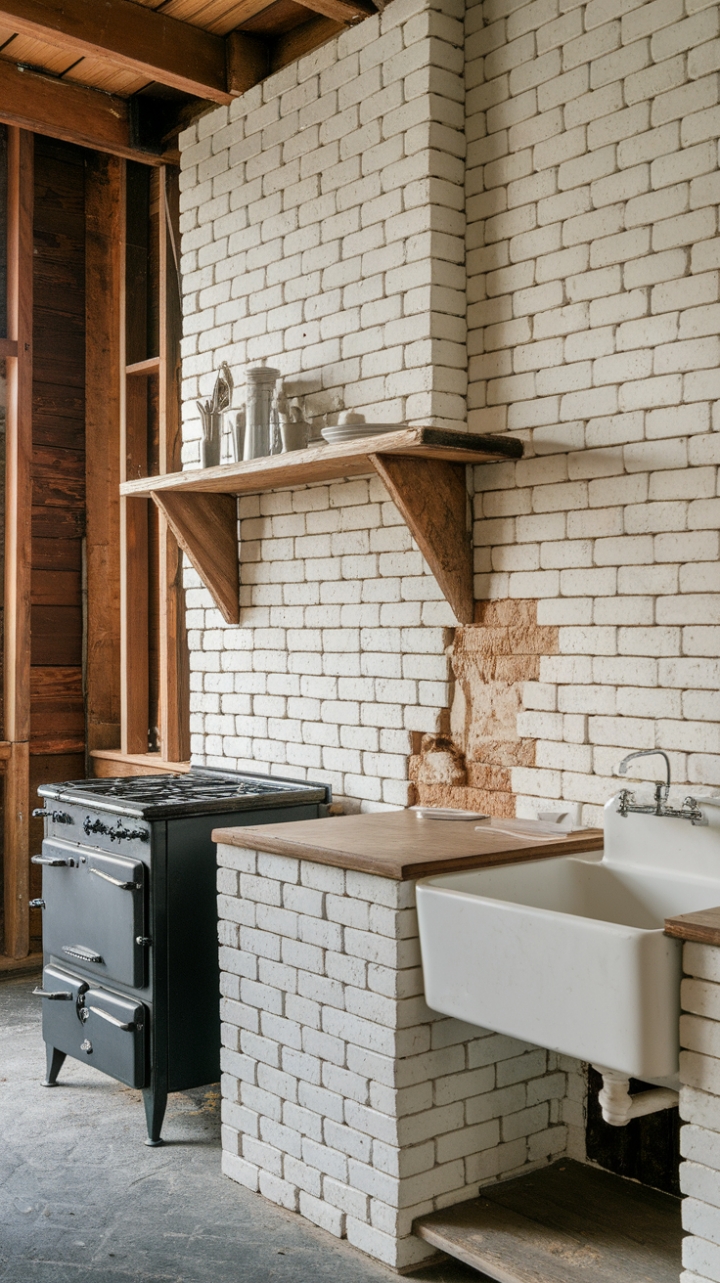 Rustic Charm: Celebrating Imperfection in a White Brick Kitchen