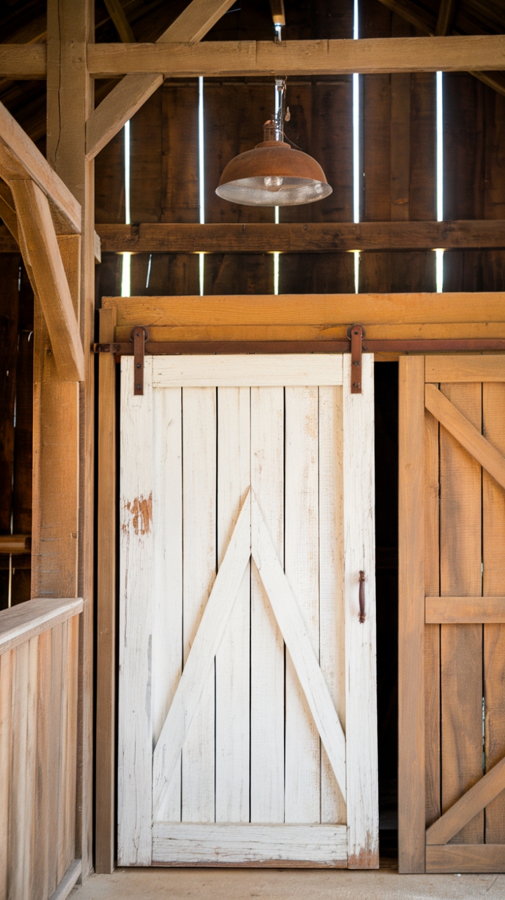 Rustic White Sliding Barn Door Complements Warm Wood Tones