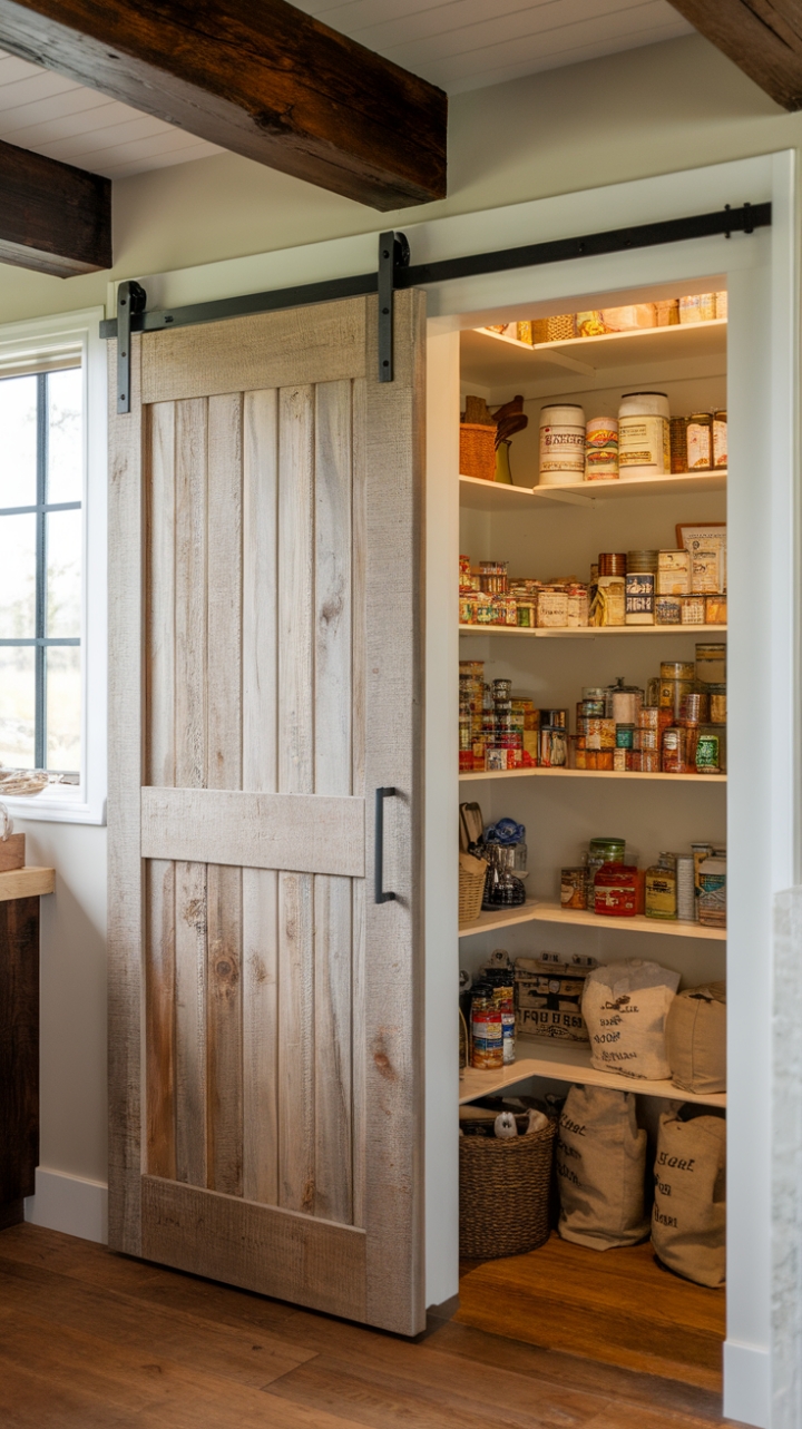 Space-Saving Sliding Pantry Door Enhances Rustic Kitchen Style