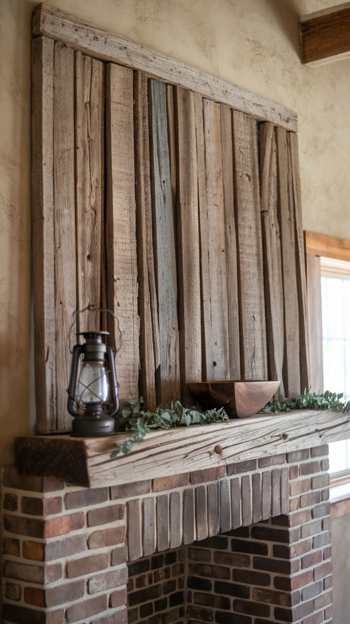 Rustic Barn Beam Mantel with Vintage Accents
