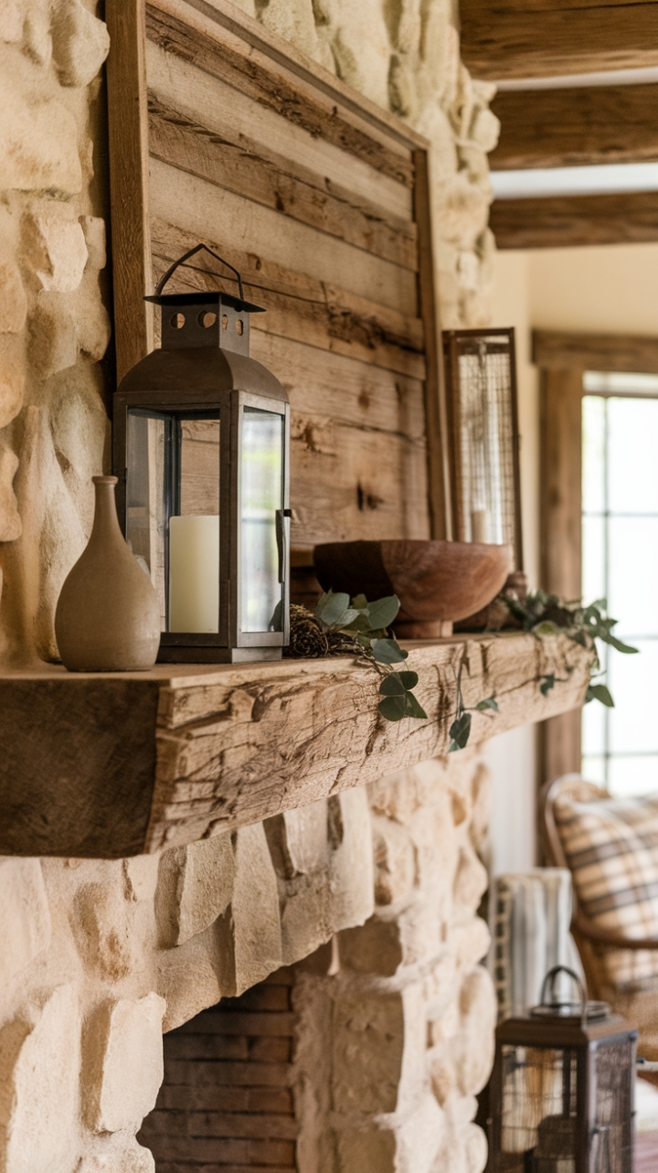 Rustic Reclaimed Barn Beam Mantel Enhances Farmhouse Charm