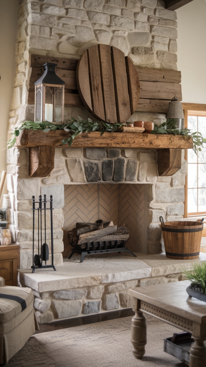 Timeless Elegance: A Cozy Living Space with Rustic Mantel and Stone Walls
