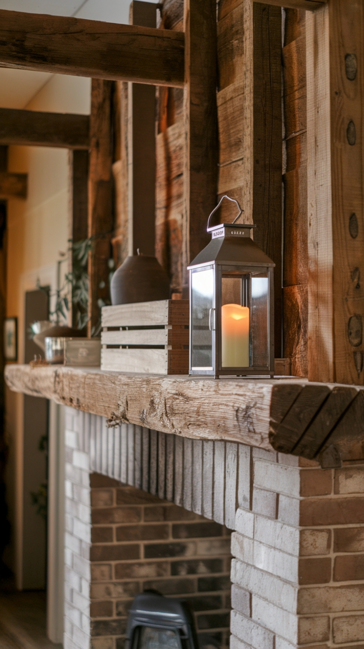 Rustic Elegance: Farmhouse Mantel with Reclaimed Beams