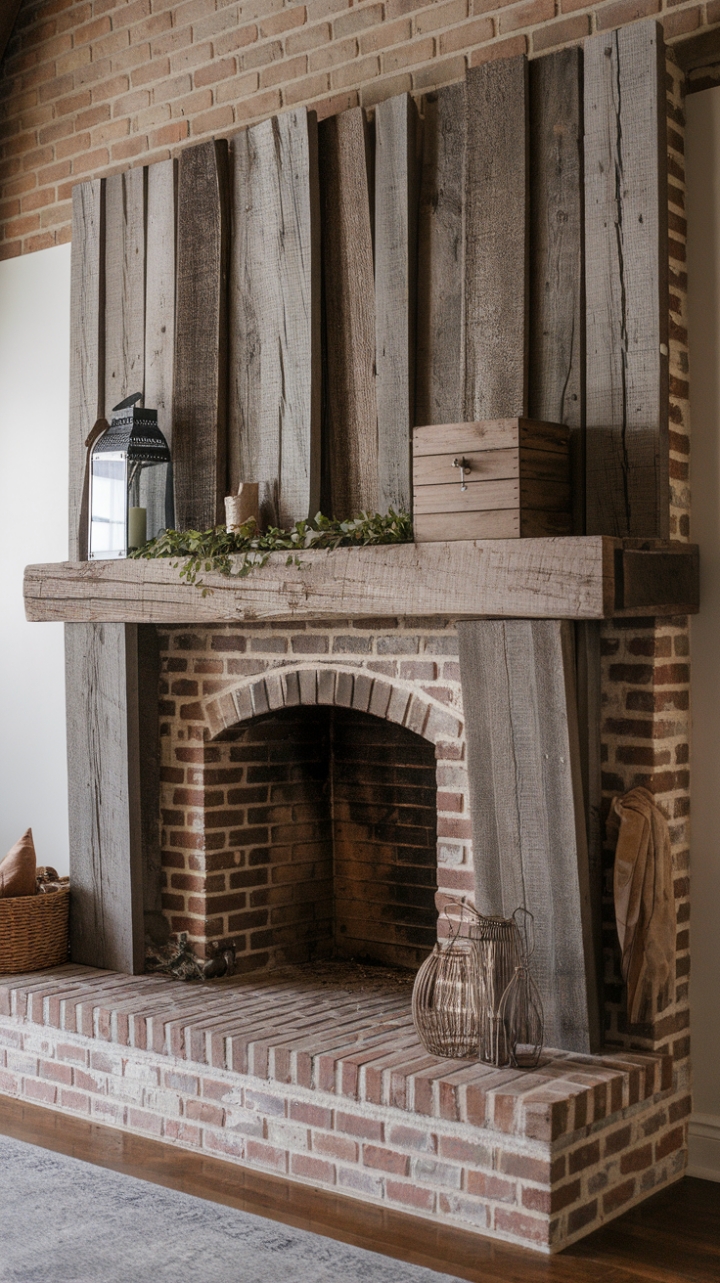 Rustic Elegance: Farmhouse Mantel with Gray-Washed Beams