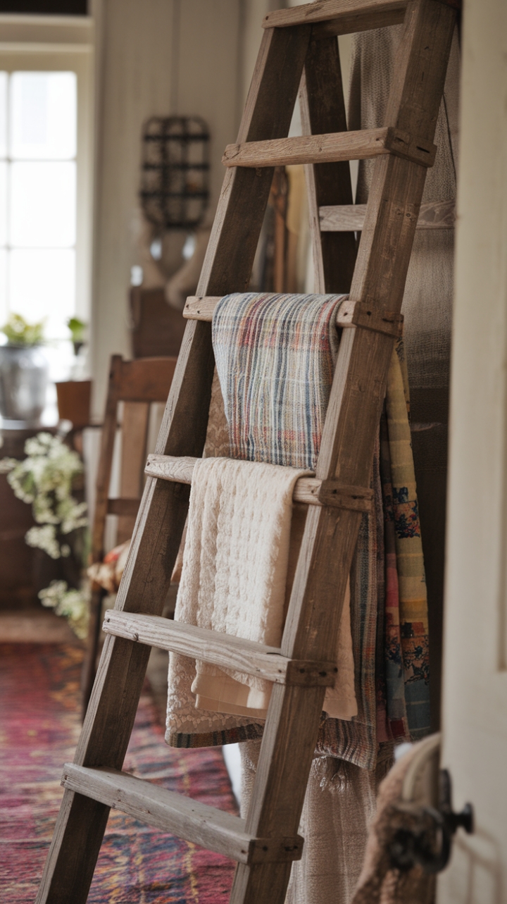 Charming Wooden Ladder as a Cozy Textile Display