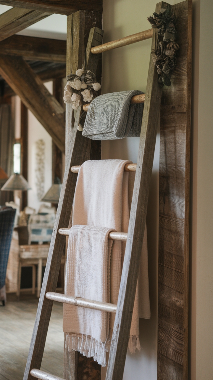 Country Charm: Stylish Ladder for Blankets and Towels