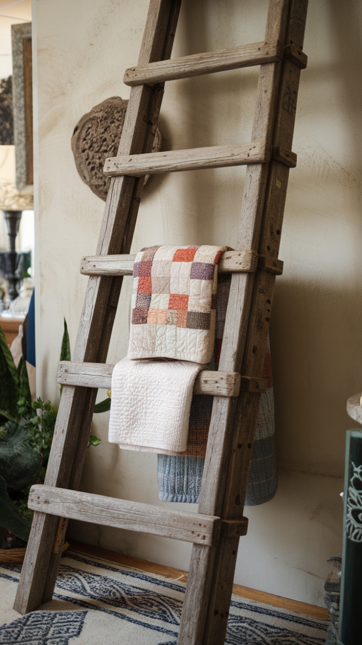 Rustic Charm: Elevate Your Cozy Corner with a Weathered Wooden Ladder