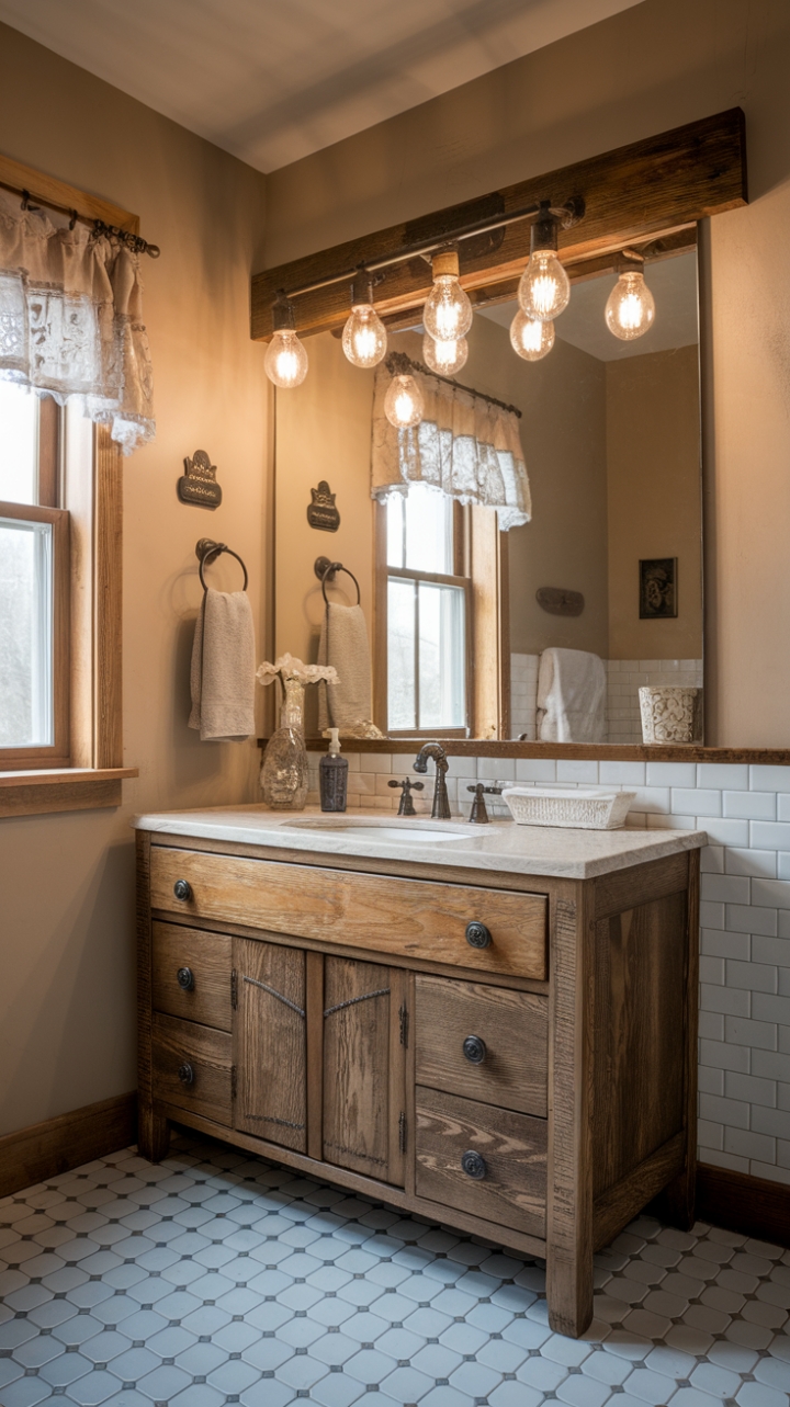 Rustic Elegance: Vintage Vanity and Country Charm in a Serene Farmhouse Bath