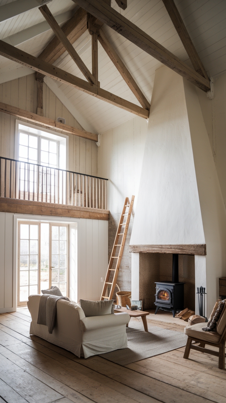 Bright and Cozy: A Farmhouse Living Space with High Ceilings and Rustic Details