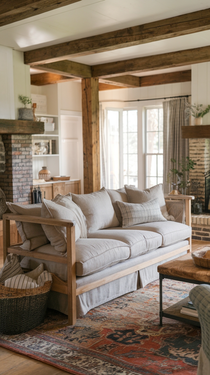 Rustic Elegance: Linen Slipcovered Sofa and Loveseat in a Cozy Cottage
