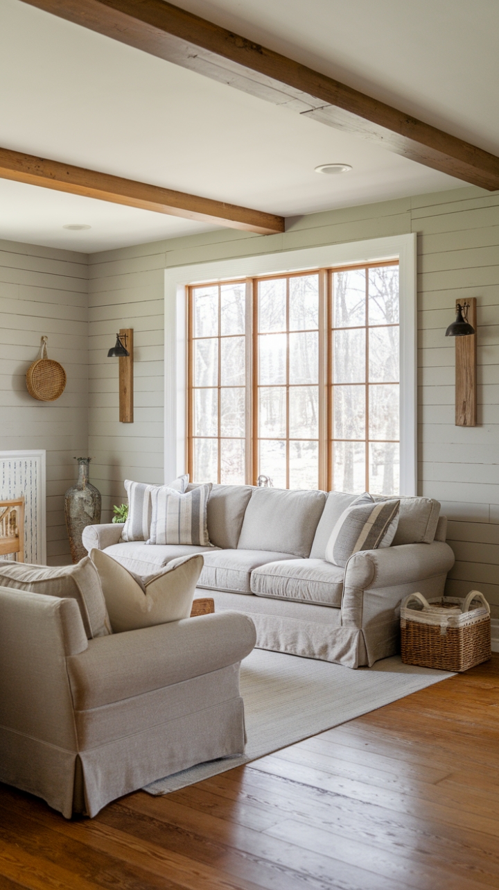 Inviting Farmhouse Lounge Featuring Linen, Wood Beams, and Rustic Comfort