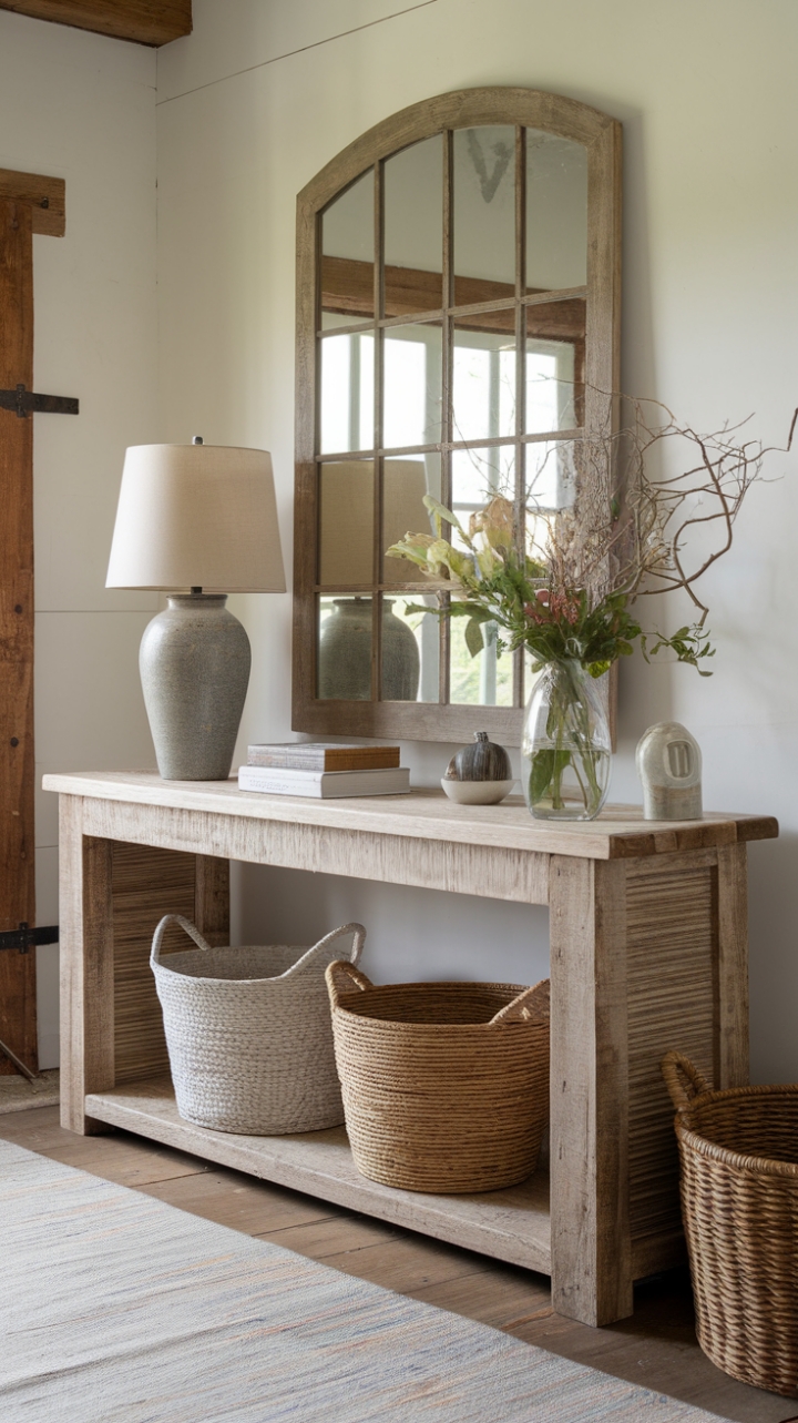 Charming Farmhouse Entryway with Rustic Console and Layered Rug