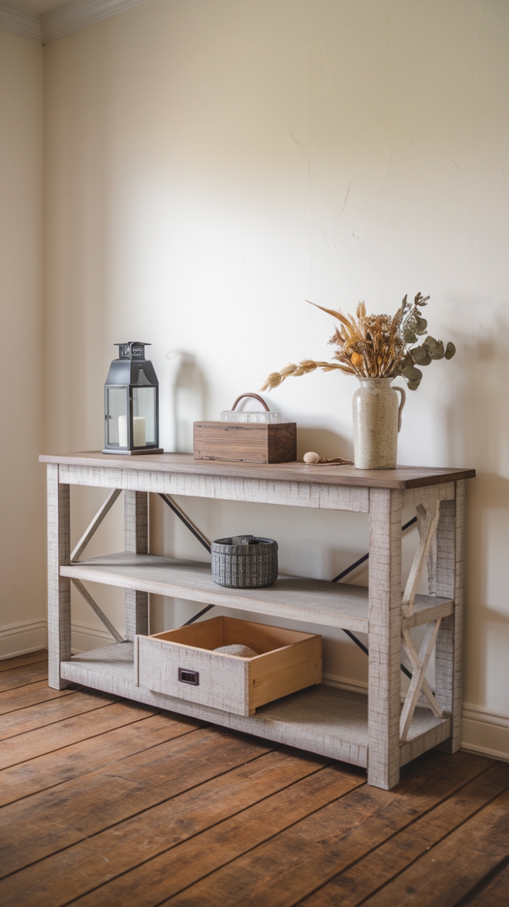 Rustic Elegance: Warm Welcome with a Weathered Grey Console