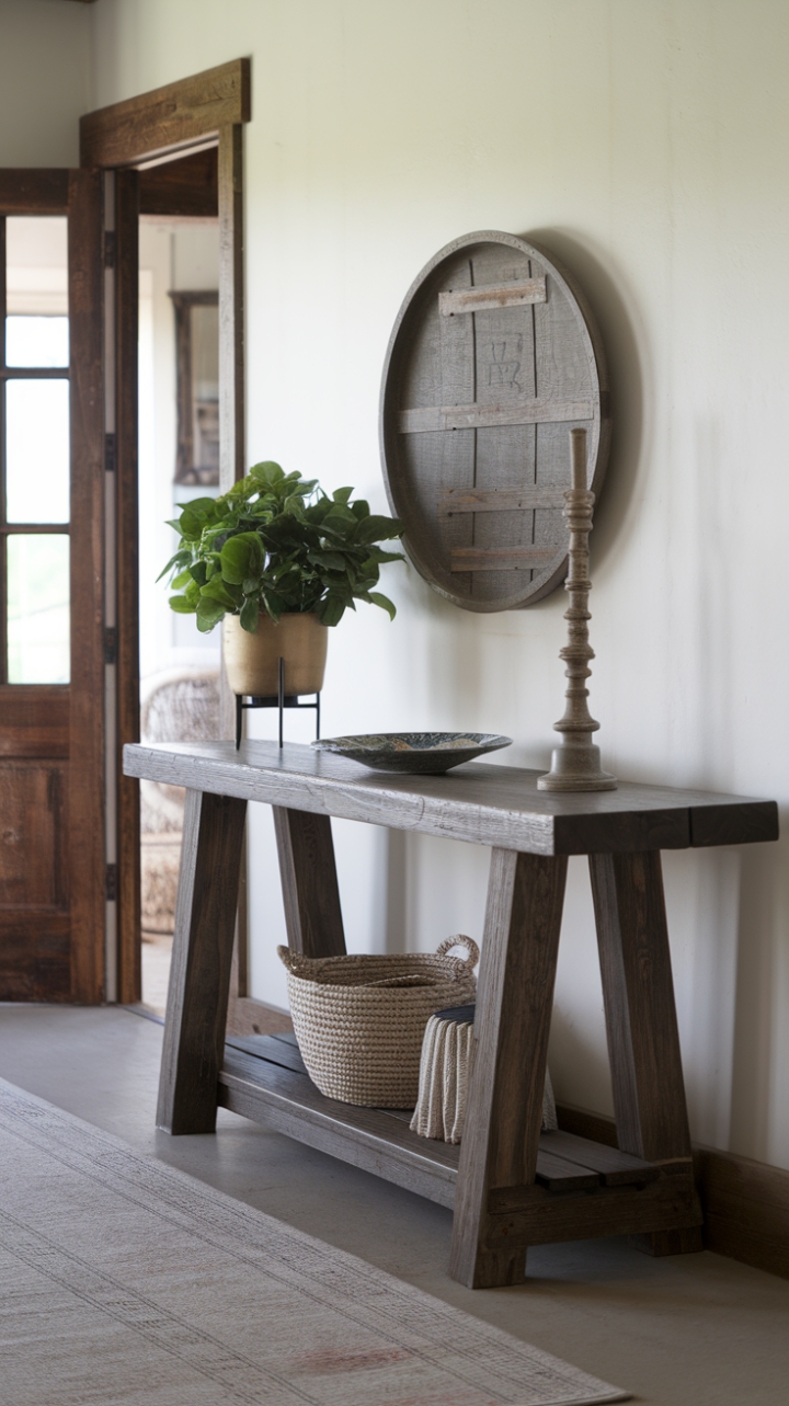 Warm Dark Wood Adds Character to White Wall Entryway