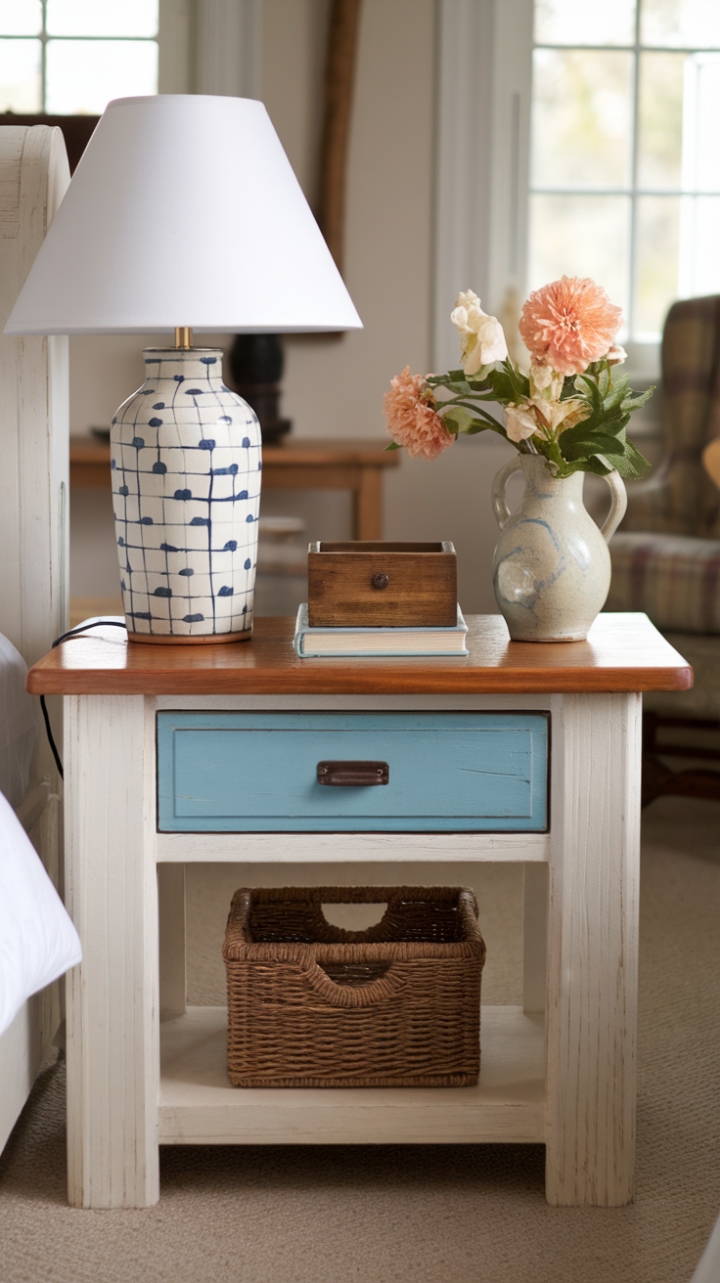 Charming Rustic Nightstand with Blue Stripe for Cozy Bedroom Vibes